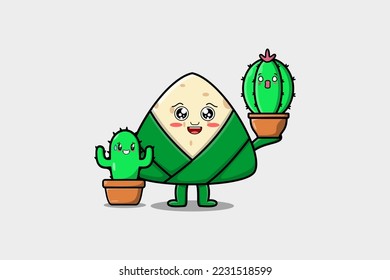 Cute cartoon Chinese rice dumpling character holding Chinese rice dumpling plant in pot vector icon