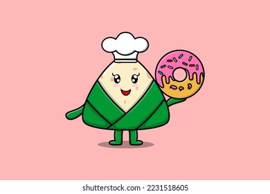 Cute cartoon Chinese rice dumpling chef character donuts in flat cartoon style illustration