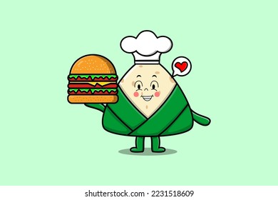 Cute cartoon Chinese rice dumpling chef character holding burger in flat cartoon style illustration