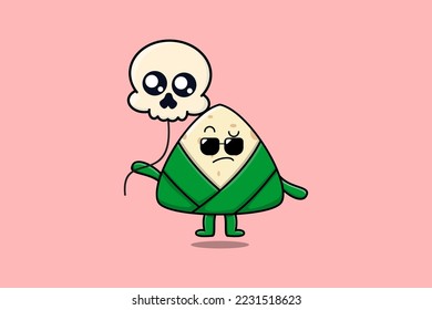 Cute cartoon Chinese rice dumpling floating with skull balloon flat cartoon vector icon illustration