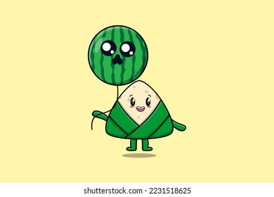 Cute cartoon Chinese rice dumpling floating with watermelon rice balloon in flat cartoon vector icon