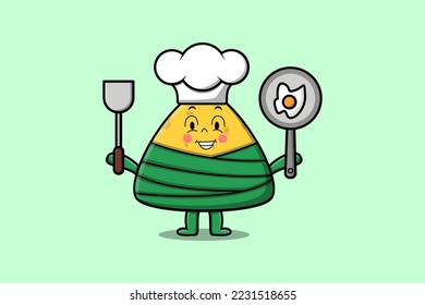 Cute cartoon Chinese rice dumpling chef character holding pan and spatula in flat cartoon style illustration