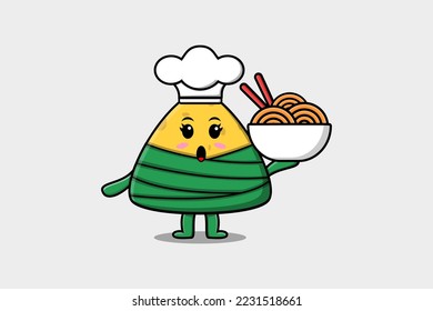 Cute cartoon Chinese rice dumpling chef character holding noodles in bowl flat cartoon style illustration