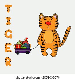 Cute cartoon chinese tiger with gift boxes. Cute cartoon character. The tiger is the symbol of the year 2022. Vector illustration for children. Isolated on a white background.

