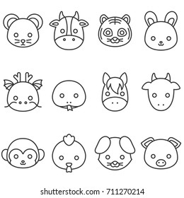 Cute cartoon Chinese zodiac line icon, face of rat, cow, tiger, rabbit, dragon, snake, horse, goat, monkey, rooster, dog and pig