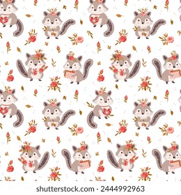 Cute cartoon chipmunk hackee with acorns, hearts and rose flowers gift and heart vector kids seamless pattern. 