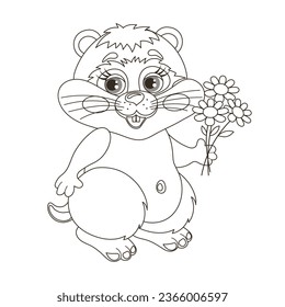 Cute cartoon chipmunk, hamster with a bouquet of flowers. Sketch, outline drawing for a coloring book. Vector