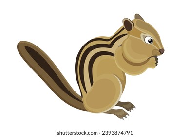 Cute cartoon chipmunk, happy childish design. Wildlife fluffy squirrel, adorable zoo character, playful pet, brown furry rodent. Standing pose. Isolated on white background. Vector illustration