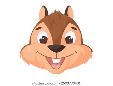 Cute cartoon chipmunk head with big eyes and a happy smile. Adorable woodland animal mascot, perfect for kids' products, games, stickers, and logos. Vector isolated illustration