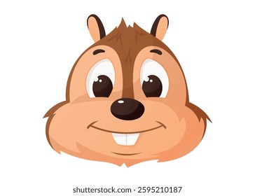 Cute cartoon chipmunk head with big eyes and a happy smile. Adorable woodland animal mascot, perfect for kids' products, games, stickers, and logos. Vector isolated illustration