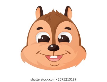 Cute cartoon chipmunk head with big eyes and a happy smile. Adorable woodland animal mascot, perfect for kids' products, games, stickers, and logos. Vector isolated illustration