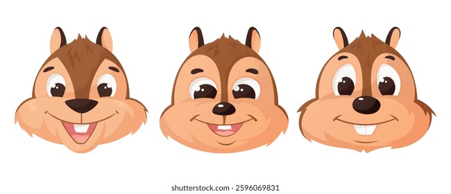 Cute cartoon chipmunk heads with big eyes and a happy smile. Adorable woodland animal mascot, perfect for kids products, games, stickers, and logos. Vector isolated illustration set