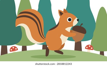 Cute cartoon chipmunk running through the forest while carrying a large acorn against a background of pine trees.