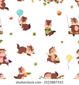 Cute cartoon chipmunks seamless pattern. Chipmunk with leaf, balloon, musical instrument. Funny animals fabric print design, vector background