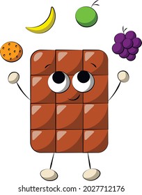 Cute cartoon Chocolate Character with Fruit. Draw illustration in color