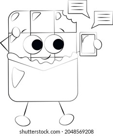 Cute cartoon Chocolate Character with phone. Draw illustration in black and white