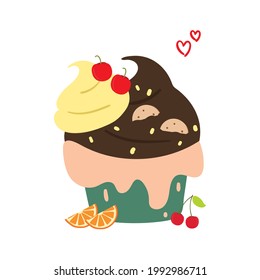 Cute cartoon of chocolate cupcake with vanilla and biscuit toppings. Simple vector for poster, wallpaper, background, icon or logo