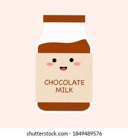 Cute cartoon chocolate milk bottle characters. Kids kawaii food fresh milk with smiling face. Isolated vector clip art illustration set. Happy World milk day concept.