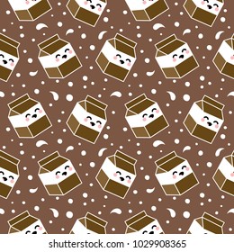 Cute Cartoon Chocolate Milk Box Seamless Pattern, Vector Illustration
