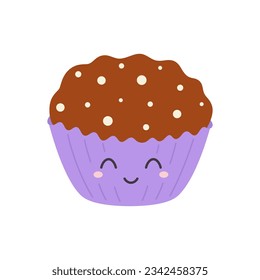 cute cartoon chocolate muffin isolated on white background, kawaii sweets, flat vector illustration of cupcake character