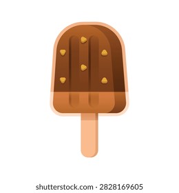 Cute cartoon chocolate peanut popsicle, flat vector illustration of adorable frozen icy treat on stick, nutty cocoa brown summer dessert icon with crunchy bits.
