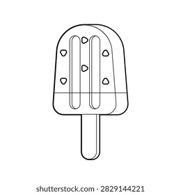 Cute cartoon chocolate peanut popsicle black and white line art outline, frozen icy treat on stick with nutty bits illustration for kids coloring pages.