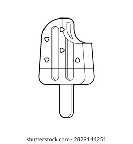 Cute cartoon chocolate peanut popsicle bites black and white line art outline, bite-sized frozen icy treats with nutty bits illustration for kids coloring pages.