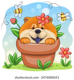 Cute cartoon chow chow dog in a flower pot with bees and flowers. Vector illustration of animal in nature.