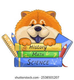 Cute cartoon chow chow dog with school books, pencils, notebook and  measuring ruler. Vector illustration of an animal on a white background.