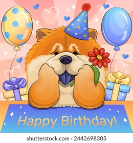 Cute cartoon chow chow dog wearing a party hat. Birthday vector illustration with gifts and balloons.