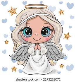 Cute Cartoon Christmas angel on a hearts background