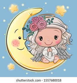 Cute Cartoon Christmas Angel Is Sitting On The Moon