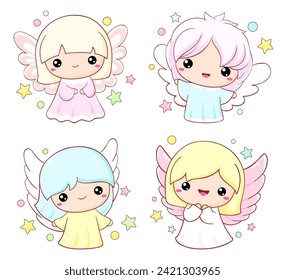 Cute cartoon Christmas angels set. Collection of Easter angel in kawaii style. Little baby in angel costume. Vector illustration EPS8