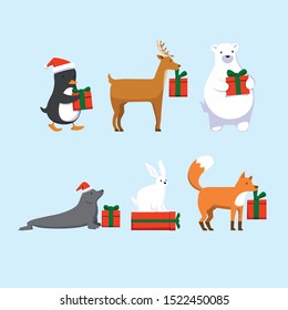 Cute Cartoon christmas animal characters with present illustration collection