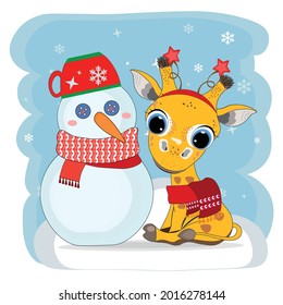 Cute Cartoon christmas baby giraffe with snowman. Perfect for greeting cards, party invitations, posters, stickers, pin, scrapbooking, icons.