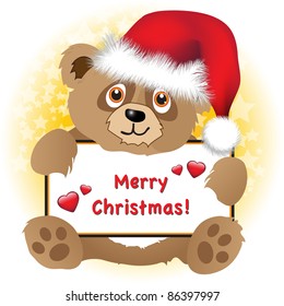 A cute cartoon Christmas bear with Santa hat holding a Merry Christmas banner with hearts Subtle star background. Easily editable for insertion of your own text. EPS10 vector format