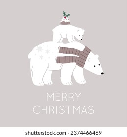 Cute cartoon Christmas bears - mom and baby. Vector illustration with chracter bear in flat style. Holidays print. Winter forest, trees, gifts, bears, baby bear