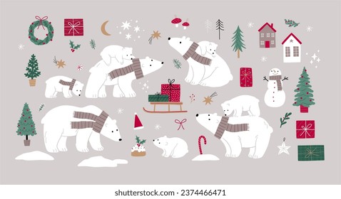 Cute cartoon Christmas bears - mom and baby. Vector illustration with chracter bear in flat style. Holidays print. Winter forest, trees, gifts, bears, baby bear