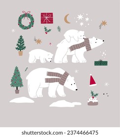 Cute cartoon Christmas bears - mom and baby. Vector illustration with chracter bear in flat style. Holidays print. Winter forest, trees, gifts, bears, baby bear