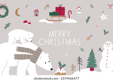 Cute cartoon Christmas bears - mom and baby. Vector illustration with chracter bear in flat style. Holidays print. Winter forest, trees, gifts, bears, baby bear