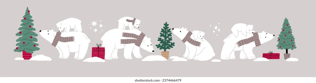 Cute cartoon Christmas bears - mom and baby. Vector illustration with chracter bear in flat style. Holidays print. Winter forest, trees, gifts, bears, baby bear