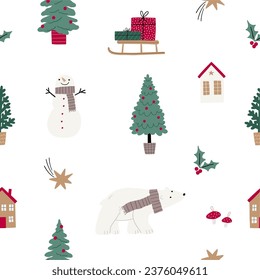 Cute cartoon Christmas bears - mom and baby. Vector illustration with chracter bear in flat style. Holidays print. Winter seamless pattern with trees, bears, baby bear