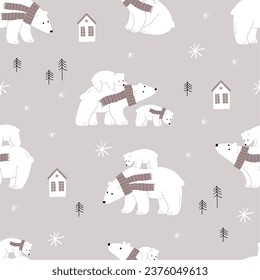 Cute cartoon Christmas bears - mom and baby. Vector illustration with chracter bear in flat style. Holidays print. Winter seamless pattern with trees, bears, baby bear