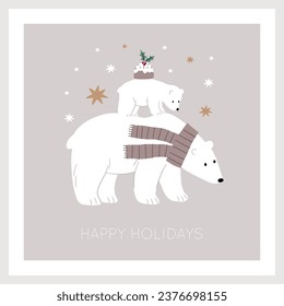 Cute cartoon Christmas bears - mom and baby. Vector illustration with chracter bear in flat style. Holidays print. Winter forest, trees, gifts, bears, baby bear