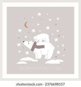 Cute cartoon Christmas bears - mom and baby. Vector illustration with chracter bear in flat style. Holidays print. Winter forest, trees, gifts, bears, baby bear