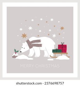 Cute cartoon Christmas bears -  vector illustration with chracter bear in flat style. Holidays print. Winter forest, trees, gifts, bears, baby bear