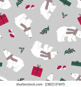 Cute cartoon Christmas bears -  vector seamless pattern with chracter bear in flat style. Holidays print. Winter forest, trees, snow , bears