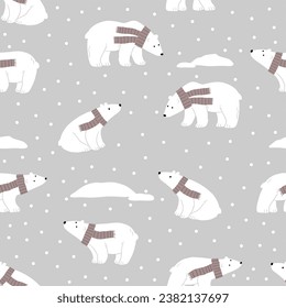 Cute cartoon Christmas bears -  vector seamless pattern with chracter bear in flat style. Holidays print. Winter forest, trees, snow , bears