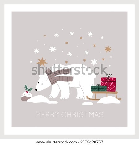 Cute cartoon Christmas bears -  vector illustration with chracter bear in flat style. Holidays print. Winter forest, trees, gifts, bears, baby bear