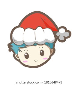 Cute cartoon Christmas boy with red hat, icon emoji element on white silhouette. Decoration for logo, card and any design. Vector illustration about holiday.